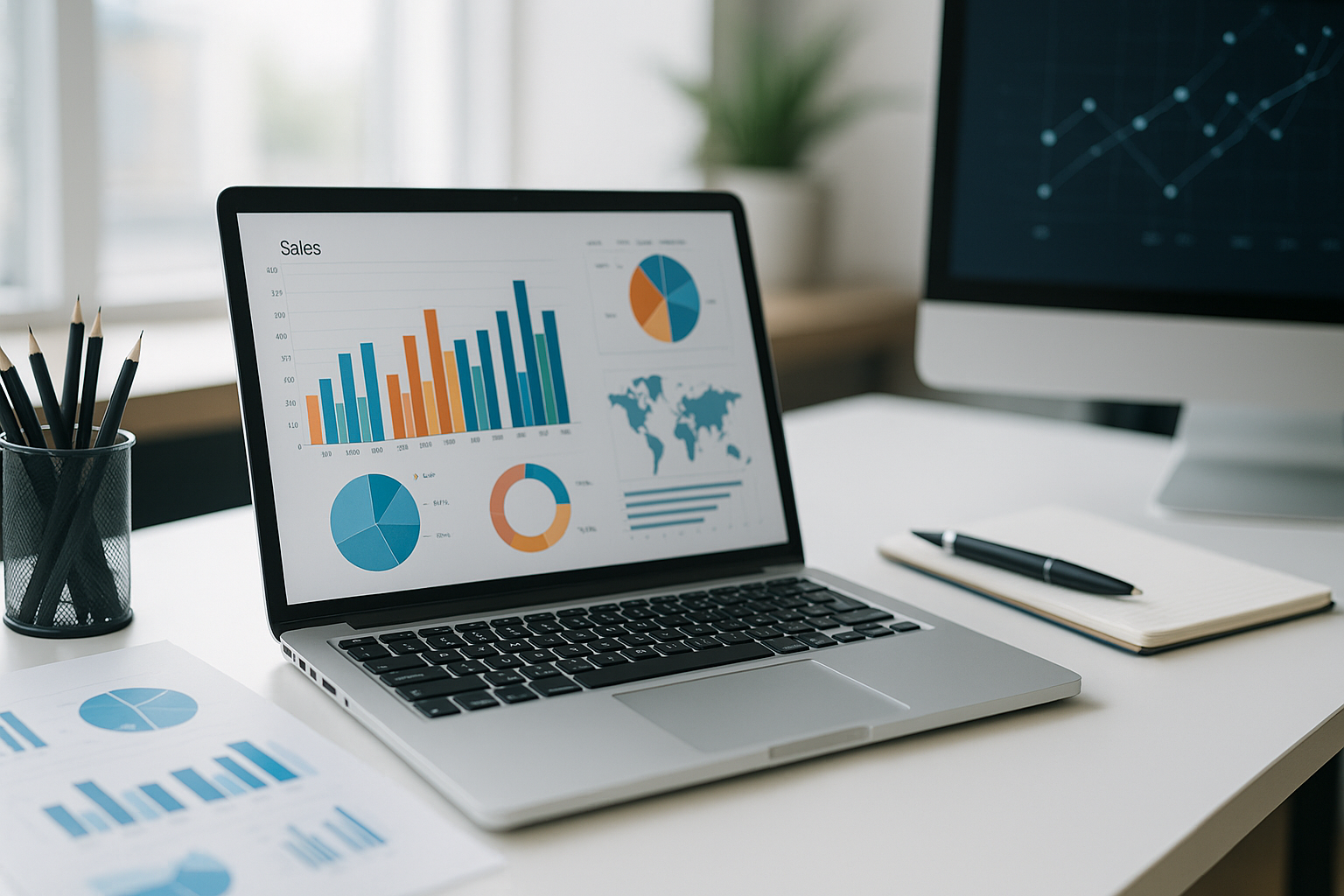 A modern workspace showing a laptop and desktop displaying Shopify dashboards and analytics in natural lighting, representing e-commerce performance and optimization.