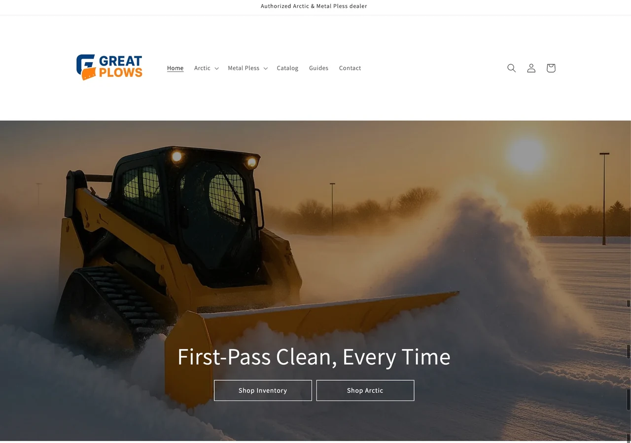 Homepage hero of Great Plows website featuring a LiveEdge plow, clear CTAs, and clean e-commerce layout.