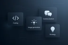 A modern dark-gradient technology background with subtle abstract UI elements. In the foreground, five floating rounded-square panels represent AI workflows—coding (code brackets icon), communication (chat bubble icons), image generation (spark icon), business operations (document icon), and strategy (lightbulb icon). Soft glows, thin motion lines, and faint diagram outlines suggest speed, clarity, and structured AI-assisted work at Termondt Tech.