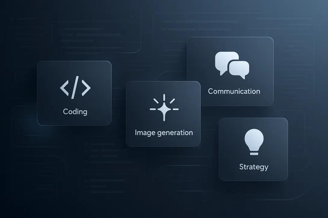 A modern dark-gradient technology background with subtle abstract UI elements. In the foreground, five floating rounded-square panels represent AI workflows—coding (code brackets icon), communication (chat bubble icons), image generation (spark icon), business operations (document icon), and strategy (lightbulb icon). Soft glows, thin motion lines, and faint diagram outlines suggest speed, clarity, and structured AI-assisted work at Termondt Tech.